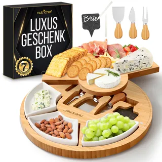 NutriChef Bambus Käsebrett Set - 33 cm Rund mit Schublade – Charcuterie Brett und Käseplatte mit Käsemesser Set, Servierbrett Geschenk für Hochzeit und Party