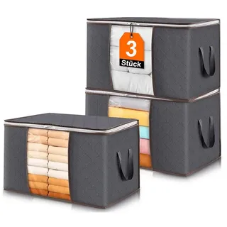SURFOU Aufbewahrungstasche 3/6er Set 90L Aufbewahrungsboxen mit Deckel – Faltbare Kleiderboxen (Kleiderschrank Organizer, Aufbewahrungstasche, Große 90L Aufbewahrungsboxen aus atmungsaktivem Vliesstoff mit Sichtfenster, Reißverschlussdeckel und verstärkten Griffen, Platzsparend, Wiederverwendbar, 3-tlg., faltbar, staubgeschützt und ideal für Kleidung & Umzüge), atmungsaktivem, geruchlosem, stapelbar grau