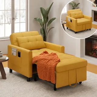 Xbro Schlafsessel mit Bettfunktion, Schlafsofa 3-in-1 ausziehbar, Verstellbarer Sessel mit Schlaffunktion, Einzelsessel mit Kissen, 2 Seitentaschen und Rollen, für kleine Wohnung, Gelb