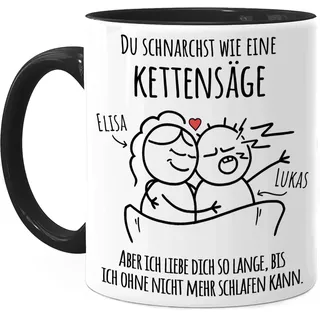 Tassenliebling® Pärchen Tasse personalisiert Schwarz - Du schnarchst wie eine Kettensäge - Lustiges Geschenk für Männer zum Jahrestag - Liebesgeschenke Mann - Valentinstag