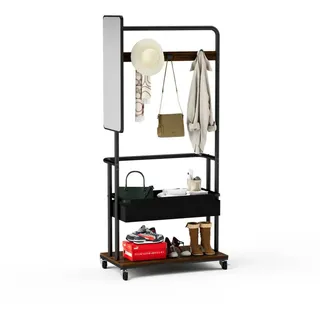 BBG Garderobenständer Garderobenständer mit Rollen und Spiegel, Kleiderständer Metall, (mit Schuhablage und Korb, Mobile Garderobe Flur Garderobe), mit Kleiderstange und Stauraum, Vintage Braun/Schwarz, 70×40×170 cm braun