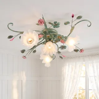 meibeileil Deckenleuchte Landhaus,Vintage Blumen Design Metall Pendelleuchte, Kronleuchter Mit Glas Lampenschirm Und Rosa Rosen Keramik Für Wohnzimmer Schlafzimmer Restaurant Flur 4 Kopf Grün