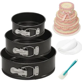 OAMCEG Springform Rund Backformen 3 Stück, Kuchenform aus Kohlenstoffstahl | 10cm/18cm/22cm, Küchenform Rund, Kuchenform, Antihaftbeschichte, Käsekuchenform mit 50 Pergament Backpapier & 1 Silikonspatel
