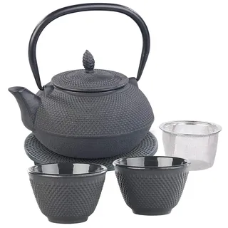 Rosenstein & Söhne Tee Set: Asiatische Teekanne, Untersetzer und 2 Becher aus Gusseisen, schwarz (Asiatische Teekanne Set, mit Teebechern, Guss)
