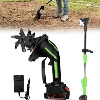 2-in-1 Cordless Tiller & Cultivator with Extension Pole, 2-in-1 Gartenfräse kabellos, Bodenhacke Elektrisch mit Akku und Ladegerät, Akku Fräse Garten/Motorhacke für Garten, Gemüsefeld (mit Stange)