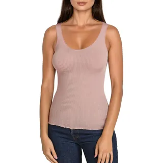 EGI Damen-Top mit geripptem Rücken aus 85% Wolle und 15% Seide mit Plissé-Band, Grau, S-M - S-M