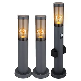 3x LED Sockelleuchte, Anthrazit, Edelstahl, Bewegungsmelder, Steckdose - Grau