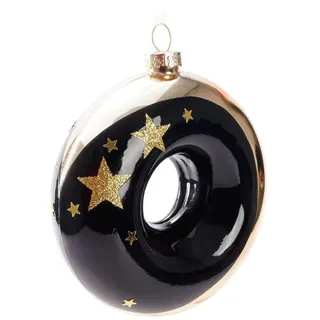 BRUBAKER Weihnachtsbaumkugel Premium Weihnachtskugel Donut - Gold, Schwarz und Weiß Muster (1 St), 10 cm Baumkugel aus Glas - Handbemalt - Luxus Christbaumkugel goldfarben|schwarz