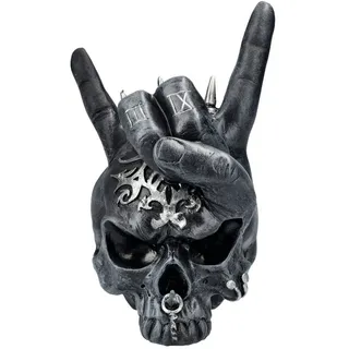 Figuren Shop GmbH Dekofigur Horns Up Totenkopf – Metal Skull Figur Dekoschädel 17.5cm Totenschädel schwarz|silberfarben