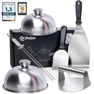 Pukpu Smash Burger Set 6-teilig – Burgerpresse Edelstahl, 2 Burgerglocken & 2 Grillspachtel – Smash Burger Zubehör für Plancha, Grill & BBQ