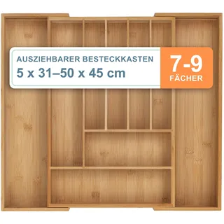 Relaxdays Besteckkasten Ausziehbar 7–9 Fächer 5 x 31-50 x 45 cm Bambus Braun