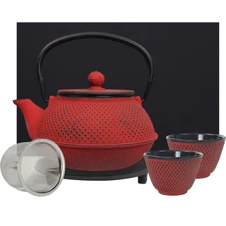 teeblume | gusseiserne Teekanne Arare Set | Gusseisen-Teekanne mit Sieb | inkl. Untersetzer, 2 farblich zur Kanne passenden Bechern & Geschenke-Box | innen komplett emailliert | j-rot | 900 ml