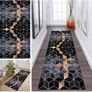 ZDYHMrj Läufer Teppich Lang Flur rutschfest Waschbar 90X600CM Küche Korridor TeppichLäufer für Flur Schwarz Blau Gold Schlafzimmer Wohnzimmer Polyester Teppichmatte Dauerhaft, Anpassbar Küchenteppich