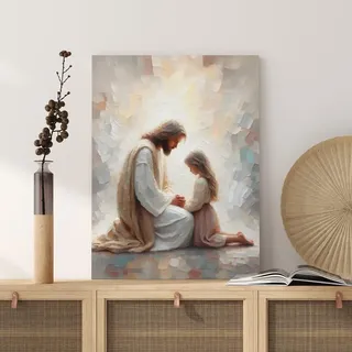 Gerahmte Jesus Christliche religiöse Leinwand-Wandkunst, Jesus und Mädchen betendes Gemälde, Wanddekoration, christliche Bibelgeschichte, Poster für Kirche, Gebetszimmer, Wohnzimmer, Heimdekoration