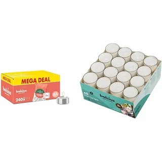 Bundle of Bolsius - Großpackung Teelichter - 240 Stück - 6 Brennstunden - Weiß + Bolsius - Teelichter Clear Cup - im Karton - Brenndauer 8 Stunden - 48 Stück - Long Burning 8 Stunden