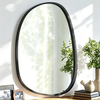 Schwarzer Asymmetrischer Hängender Holzspiegel für Wand Unregelmäßiger Rahmen Kleiner Wandspiegel Modern Einzigartig Dekorativ Schlafzimmer Wohnzimmer Badezimmer Eitelkeit Ästhetisch Oval Spiegel