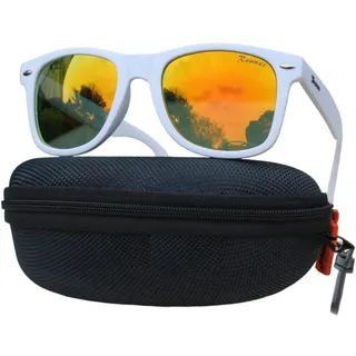 Rennec Sonnenbrille Verspiegelt Weiß Matt, UV400 Schutz, mit Hardcase, Damen Herren Markenbrille, Nerd Brille Retro Festivalbrille (Gelb Orange Verspiegelt - Rahmen Weiß) - Breite 144mm , Höhe 48mm
