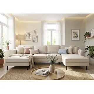 Home Affaire Wohnlandschaft HOME AFFAIRE "Booster II, whlw. mit Schlaffunktion & Bettkasten, Fuß schwarz", cannoli cream, B:305cm H:83cm T:161cm, 88% Polyester, 12% Nylon, Sofas, Wohnlandschaft, Sofa in U-Form, Breite 305 cm, in Cord oder Struktur LEO o. LINO