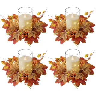 Kerzenringe für Herbst Kranz, Tischdekoration, Kerzenkranz Künstliche Kürbis, Ahornblatt, Kerzenkranz für Stabkerzen, Ringe mit Beeren, Weihnachtskerzenring, Kränze für Halloween, Thanksgiving Deko