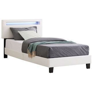 CARO-Möbel Polsterbett BENITO, Polsterbett 90x200 cm Einzel Jugend Bett mit Kunstleder weiß & LED Bel weiß