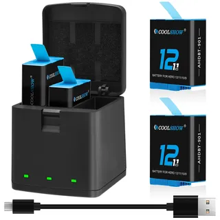 COOLSHOW Hero 12 Akku 2er-Pack 1800mAh und 3 Kanal Hero 12/11/10/9 Ladegerät All in One Akku Aufbewahrung und Ladestation Kompatibel mit GoPro Hero 12/11/10/9 Black(2 Akkus + 1 Ladegerät)