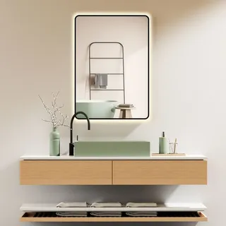 PonteSino HOKO Badspiegel 60x80 cm mit Rahmen+Touch Schalter+Licht Wechsel Warmweiß-Kaltweiß-Neutral, Licht mit Touch Schalter und mit Wandschalter einschal... / Schwarz