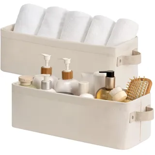 StorageWorks Aufbewahrungsbox Schmal, Aufbewahrungskorb Klein mit Metallrahmen, Körbe Aufbewahrung mit Griffen, Badezimmer Organizer Korb, Korb Organizer, Beige (Kühle Baumwolle), 2 Stück