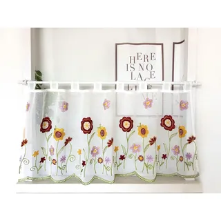 Daliena Scheibengardine Tüll Bistrogardine mit Blumen-Stickerei Halbtransparente Gardine Kurz Kurzstore mit Schlaufen Küchenfenster Gardinen Modern (BxH 110x60cm) Rot 1 stück