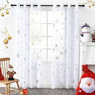 Youleyar Schneeflocke Weihnachten Voile Sheer Vorhänge Luxus Silber Foliendruck Metallic Bronzing Behandlung Paar für Urlaub Fensterdekoration Wohnzimmer Set mit 2 Paneelen Weiß 52B x 84L