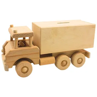 Dekorative fahrbare Holz - Spardose, Sparbüchse als LKW, XXL - LKW, | Spardose Lastkraftwagen, Spartransporter, großer Holz - LKW, Zum selber gestalten, Maße: L/B/H 30 x 11 x 15 cm.