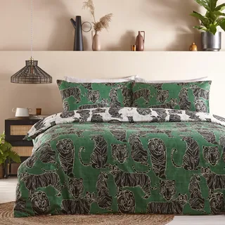 furn. Wildkatzen-Bettwäsche-Set, wendbar, tropischer Dschungel, pflegeleicht (Dschungelgrün, Kingsize, 230 x 220 cm)