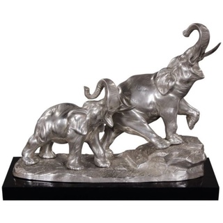 Casa Padrino Bronze Elefanten auf Holzsockel Silber / Schwarz 42 x 17 x H. 33 cm - Luxus Deko Bronzefiguren