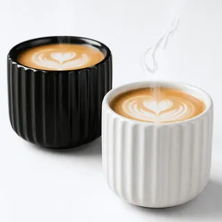 Erkundpresso. Kaffeebecher ohne Henkel 2er Set 180ml,Kaffeetassen ohne Henkel Keramik Dickwandig,Steingut Tassen Handgefertigt | Lungo, Cappuccino & Espresso Tassen | Spülmaschinenfest (Weiß+Schwarz)