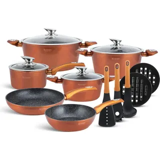 Schöne orange Topfset mit Kasserolle, Pfannen, Glasdeckel, Küchengeräte, 15 tlg - Kupfer