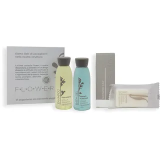PRESENT-MORE - Hotel Gäste Set 20 Gäste Flower | Weißer Tee-Duft - Shampoo, Duschgel, Seife und Haube - Für Hotel und B&B