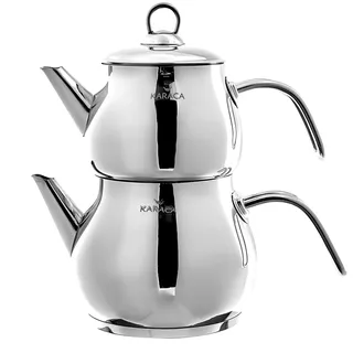 Karaca Layla Tee kanne Set Metall, Tee, Tea Maker, Türkische Teekanne, Tee Pot, Tee kanne: 1 Lt, Unten: 1,75 Lt., Material: Edelstahl 18/10, Es kann in der Spülmaschine Gewaschen Werden