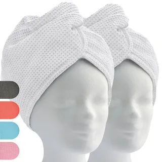 ELEXACARE Haarturban mit Knopf, Mikrofaser, 2er-Set, weiß | Turbanhandtuch für lange Haare, Waffelstruktur, 28 x 65 cm, Haarhandtuch für Damen, Herren, Kinder