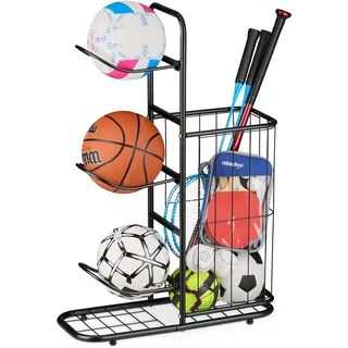 Relaxdays Ballständer, 3 abnehmbare Ballhalter, für Basketball, Fußball, Sportgeräteregal mit Korb, Metall, Farbwahl
