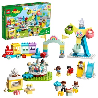 LEGO 10956 DUPLO Erlebnispark, Kinderspielzeug ab 2 Jahre mit Jahrmarkt und Zug für Mädchen und Jungen, Steine zum Bauen und Minifiguren