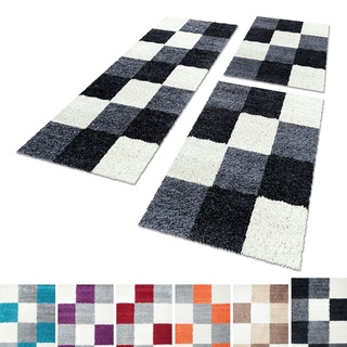 Unbekannt Shaggy Hochflor Teppich Carpet 3TLG Bettumrandung Läufer Set Schlafzimmer Flur, Farbe:Black, Bettset:2x60x110+1x80x150
