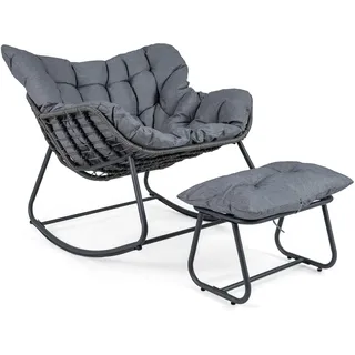 FANTASK Schaukelstuhl mit Hocker, Outdoor Lesesessel mit Gepolsterter, Extra Groß Wohnzimmer Relaxstuhl, Relaxsessel bis 150 kg belastbar, für Garten, Wohnzimmer, Hof, Terrasse & Balkon (Grau)