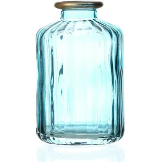 MARELIDA Mini Glas Vase mit Rillen für Blumen Glasflasche mit Goldrand blau