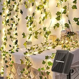 Bigzom Solar Lichterkette Aussen, 120LED Efeu 12M Außen 8 Modi für Gärten Balkon Terrasse Zaun Deko(Warmweiß) - Weiß