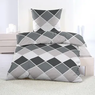 Casa Colori Microfaser Seersucker Bettwäsche - Karomuster grau beige 135x200cm 100% Polyester Sommer luftig, leicht 135x200 / 80x80