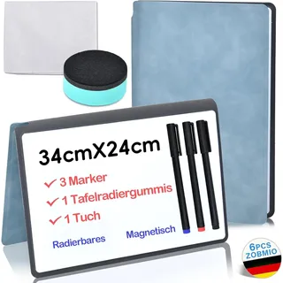 ZOBMIO - Magnetisch Klein Whiteboard, Small Tragbar White board mit Ständer, Abwischbar Mini Whiteboard für Schreibtisch, Tafel, Desk - inkl. 1 Marker mit Radierer, Schwarz, 34cm x 24cm,Doppelseitig