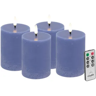 Candela LED Kerzen 4er Set H:10xØ7,5cm blau rustic Echtwachs mit Fernbedienung Timer Funktion & mehrstufig dimmbar flammenlos Echtwachskerzen Stumpenkerze