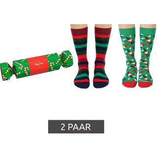 2 Paar Happy Socks Candy Cane Holiday Damen Baumwoll-Socken Sparpack mit weihnachtlichem-Print Alltags-Strümpfe in Geschenk-Box SXPOL02-7300 Grün/Bunt - 36-40