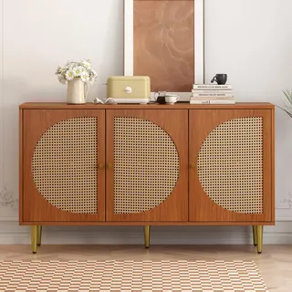 FAYICIC Sideboard mit 3 Rattan verzierten Türen Kommode Highboard mit Metallgriffe, für Schlafzimmer & Wohnräume & Büro,129.8x40x76cm (Walnuss)