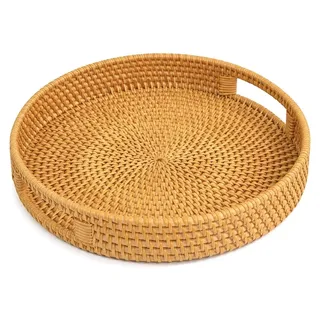 Omgoods – Rundes Serviertablett aus Rattan mit Griffen, 30 cm - Naturbelassen