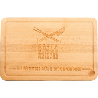 Spruchreif · XXL Schneidebrett aus Holz · Küchenbrett mit Gravur Grillmeister · Geschenk für den Papa und Männer zum Grillen · Holzbrett mit Motiv Grillbesteck